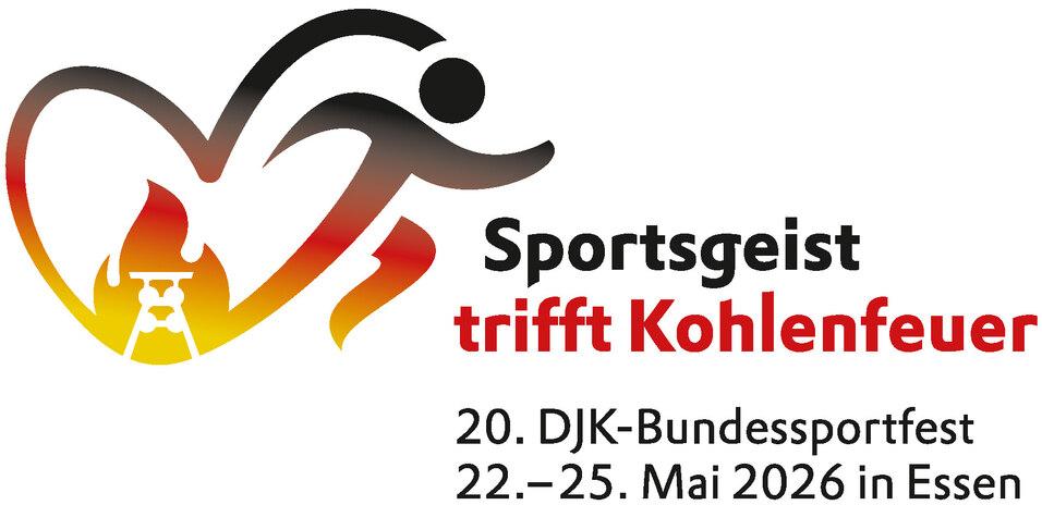 Logo des DJK-Bundessportfests 2026 mit stilisiertem Sportler, Kohlenfeuer und Text in Schwarz und Rot.