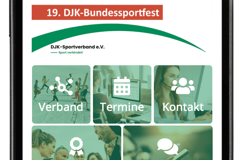 Smartphone-Bildschirm zeigt Werbung f&uuml;r das 19. DJK-Bundessportfest mit Men&uuml;punkten und Kontaktinformationen.