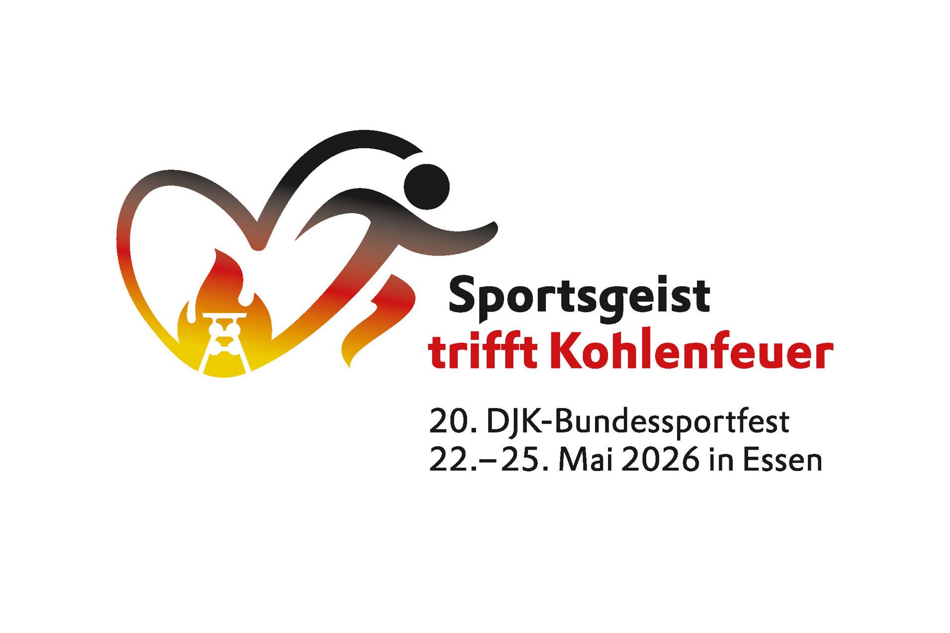 Logo des DJK-Bundessportfests 2026 mit stilisiertem Sportler, Kohlenfeuer und Text in Schwarz und Rot.
