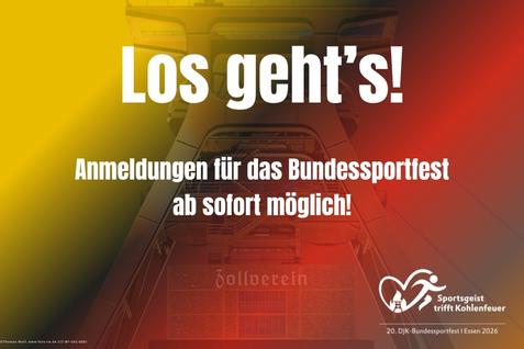 Farbenfrohes Plakat f&uuml;r das DJK-Bundessportfest 2026 mit Anmeldungsaufruf und dem Logo des Events.
