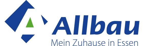 Logo von Allbau mit geometrischen Formen in Blau und Gr&uuml;n, darunter der Slogan "Mein Zuhause in Essen".