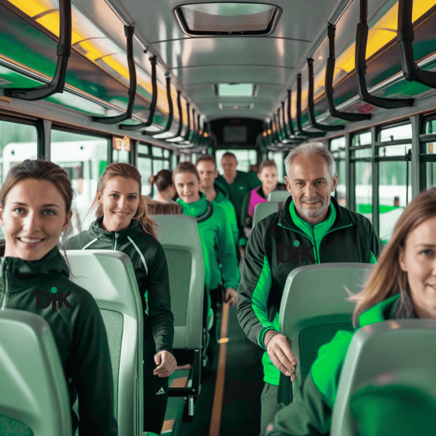 Gruppe von sportlich gekleideten Personen sitzt l&auml;chelnd in einem modernen Bus, der gr&uuml;n beleuchtet ist.