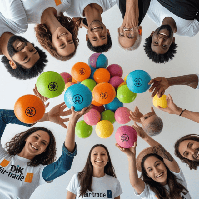 Gruppenshot von lachenden Personen, die farbige B&auml;lle &uuml;ber ihren K&ouml;pfen halten, vor einem wei&szlig;en Hintergrund.