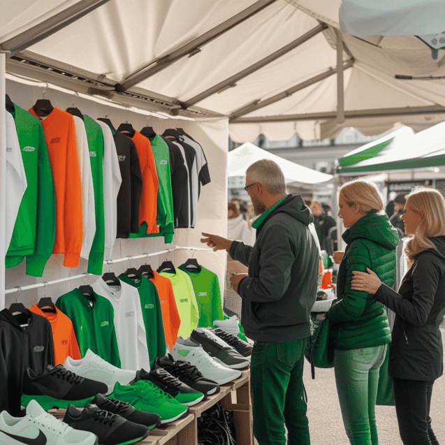 Drei Personen betrachten Sportbekleidung und Schuhe an einem Marktstand unter einem Zelt.