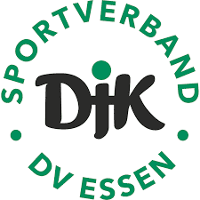 Logo des Sportverbands DJK DV Essen, bestehend aus schwarzer Schrift und einem gr&uuml;nen Punkt, umrandet von Text.