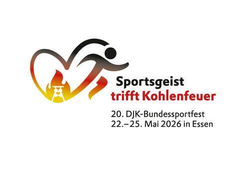 Logo für das DJK-Bundessportfest 2026 in Essen mit sportlichem Motiv und Schriftzug „Sportsgeist trifft Kohlenfeuer“.