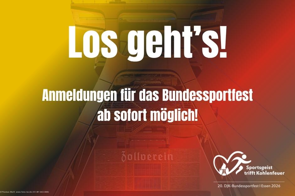 Farbenfrohes Plakat f&uuml;r das DJK-Bundessportfest 2026 mit Anmeldungsaufruf und dem Logo des Events.