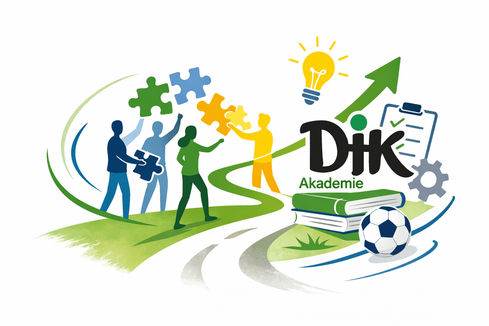 Grafik mit verschiedenen Figuren, die Puzzle-Teile halten, B&uuml;cher und einen Fu&szlig;ball, mit dem Schriftzug &bdquo;Dik Akademie&ldquo;.