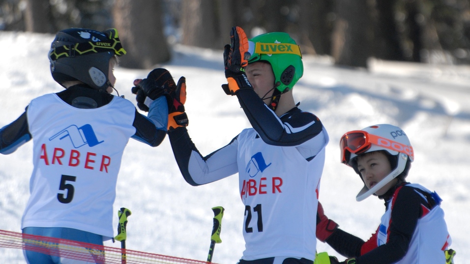Drei Skifahrer in Rennanz&uuml;gen feiern ihren Wettkampf in schneebedeckter Umgebung.