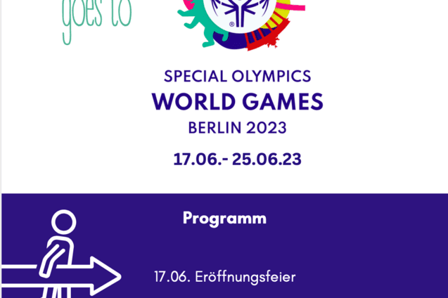 Logo der DJK Sportjugend und Informationen zu den Special Olympics World Games Berlin 2023 mit Programm&uuml;bersicht.