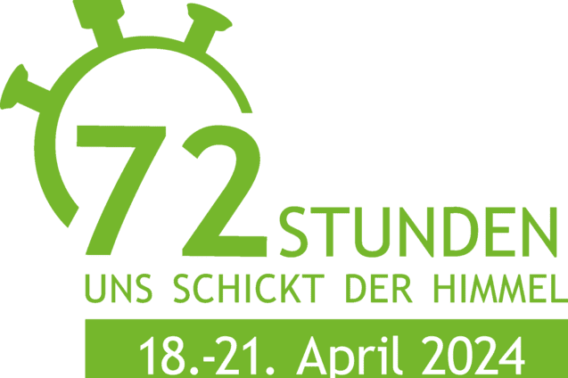 Logo f&uuml;r die Aktion &bdquo;72 Stunden &ndash; uns schickt der Himmel&ldquo; vom 18. bis 21. April 2024 mit Uhr-Icon.