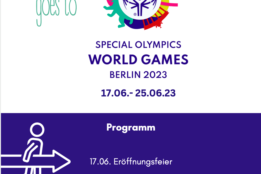 Logo der DJK Sportjugend und Informationen zu den Special Olympics World Games Berlin 2023 mit Programm&uuml;bersicht.