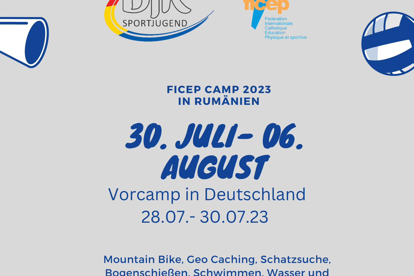 Banner f&uuml;r das FICEP Camp 2023 in Rum&auml;nien mit Terminen und Aktivit&auml;ten wie Mountainbiking und Schwimmen.