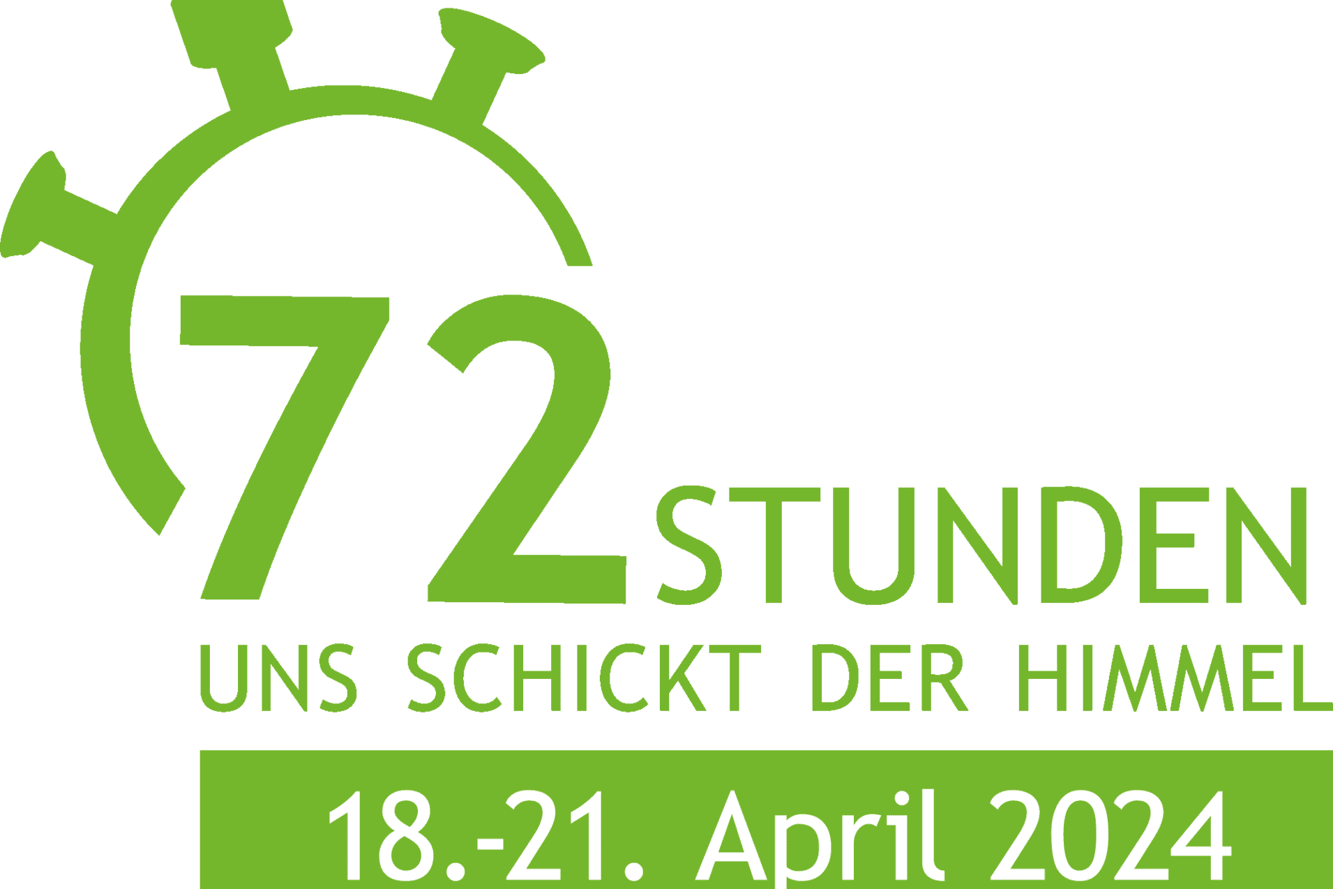 Logo f&uuml;r die Aktion &bdquo;72 Stunden &ndash; uns schickt der Himmel&ldquo; vom 18. bis 21. April 2024 mit Uhr-Icon.