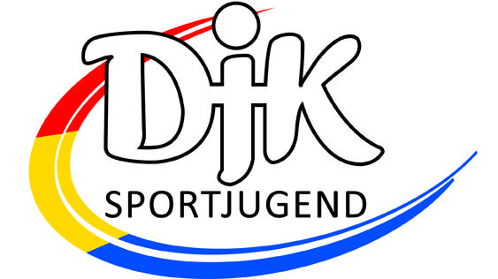 Logo der DJK Sportjugend mit farbigen geschwungenen Linien in Rot, Gelb und Blau um den Schriftzug.