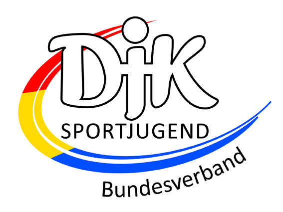 Logo der DJK Sportjugend mit dem Schriftzug "DJK" in stilisierten Buchstaben und farblichen Akzenten in Rot, Gelb und Blau.