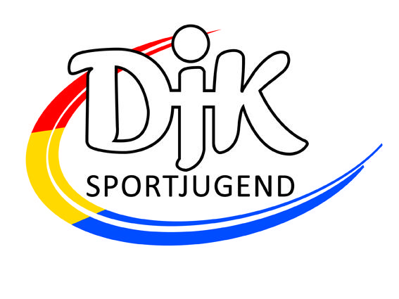 Logo der DJK Sportjugend mit farbigen geschwungenen Linien in Rot, Gelb und Blau um den Schriftzug.