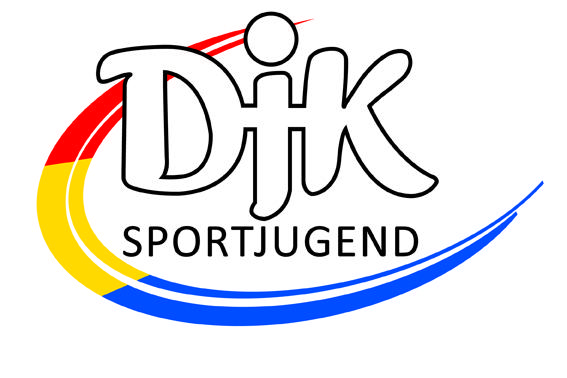 Logo der DJK Sportjugend mit farbigen geschwungenen Linien in Rot, Gelb und Blau um den Schriftzug.