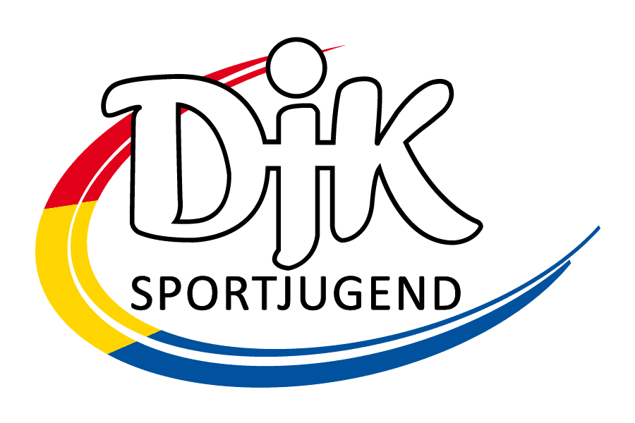 Logo der DJK Sportjugend mit bunten geschwungenen Linien in Rot, Gelb und Blau. Schriftzug &bdquo;DJK SPORTJUGEND&ldquo; prominent dargestellt.