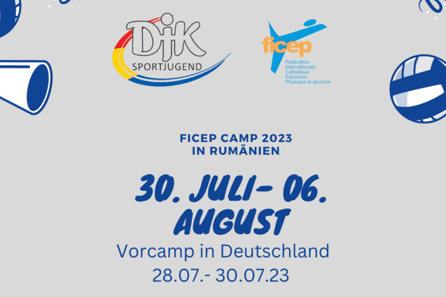 Banner f&uuml;r das FICEP Camp 2023 in Rum&auml;nien, mit Daten und Aktivit&auml;ten wie Mountainbike, Schwimmen und Geo-Caching.