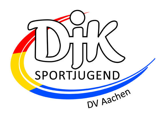 Logo der DJK Sportjugend DV Aachen mit bunten Farbschwingen in Rot, Gelb und Blau.