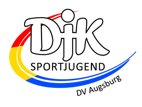 Logo der DJK Sportjugend Augsburg mit stylisierter Schrift und Farbb&auml;ndern in Rot, Gelb und Blau.