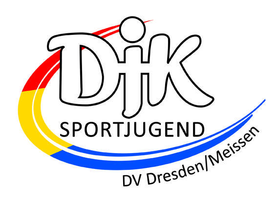 Logo der DJK Sportjugend DV Dresden/Meissen mit Farbb&ouml;gen in Rot, Gelb und Blau.