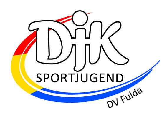 Logo der DJK Sportjugend DV Fulda, Schriftzug in Schwarz mit roten, gelben und blauen Schwunglinien.