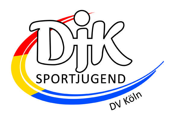 Logo der DJK Sportjugend DV K&ouml;ln mit geschwungenen Farbbalken in Rot, Gelb und Blau, und dem Schriftzug "DJK SPORTJUGEND".