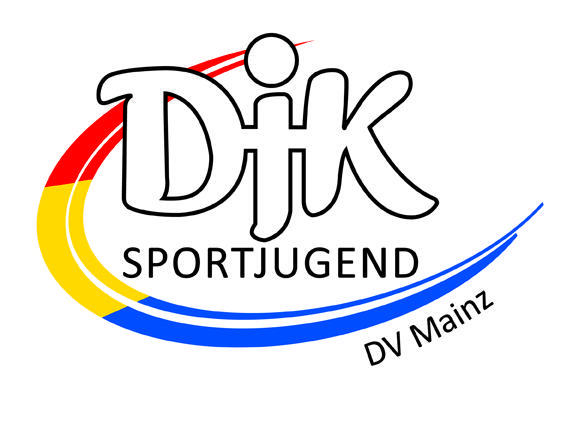 Logo der DJK Sportjugend DV Mainz in Schwarz mit farbigen Wellen in Rot, Gelb und Blau.