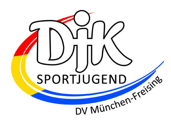 Logo der DJK Sportjugend, DV M&uuml;nchen-Freising, in bunten Farben rot, gelb und blau mit geschwungenen Linien.