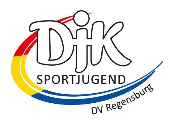 Logo der DJK Sportjugend DV Regensburg mit bunten geschwungenen Linien in Rot, Gelb und Blau.