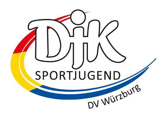 Logo der DJK Sportjugend DV W&uuml;rzburg mit bunten, geschwungenen Linien in Rot, Gelb und Blau.