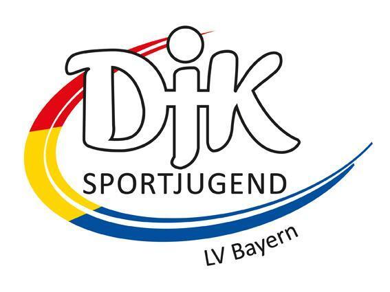 Logo der DJK Sportjugend mit bunten Farbstreifen in Rot, Gelb und Blau sowie dem Schriftzug &bdquo;LV Bayern&ldquo;.