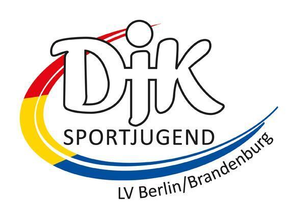 Logo der DJK Sportjugend LV Berlin/Brandenburg mit bunten Wellen in Rot, Gelb und Blau.