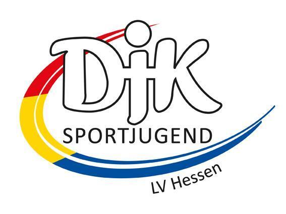Logo der DJK Sportjugend LV Hessen mit bunten geschwungenen Linien in Rot, Gelb und Blau.