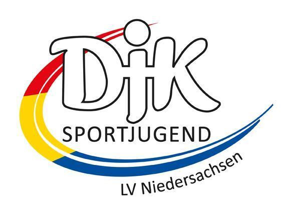 Logo der DJK Sportjugend Niedersachsen mit farblichen Akzenten in Rot, Gelb und Blau.