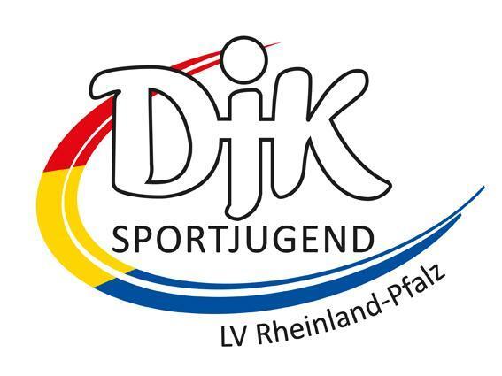 Logo der DJK Sportjugend LV Rheinland-Pfalz mit bunten geschwungenen Linien und Schriftzug.