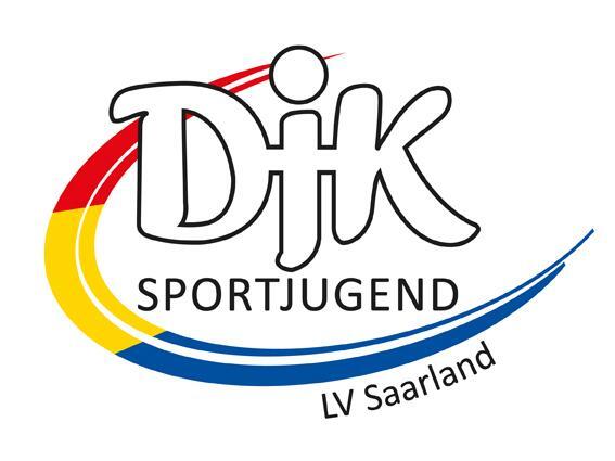 Logo der DJK Sportjugend LV Saarland mit bunten Abrundungen in Rot, Gelb und Blau.