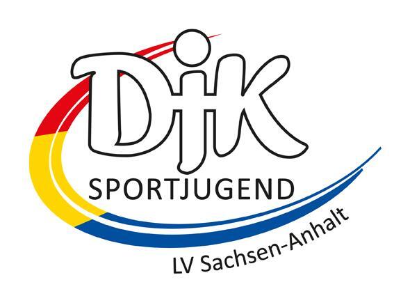 Logo der DJK Sportjugend LV Sachsen-Anhalt mit farbigen B&ouml;gen in Rot, Gelb und Blau.