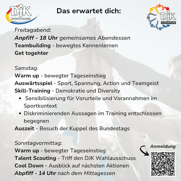 Agenda der DJK Sportjugend mit Aktivit&auml;ten f&uuml;r Freitag bis Sonntag, einschlie&szlig;lich Team-Building und Sporttraining.