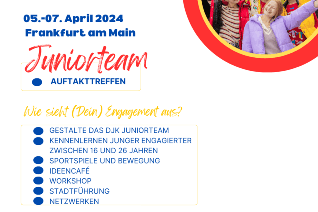 Grafik zu einem Juniorteam-Auftaktmeeting in Frankfurt am Main, 5.-7. April 2024, mit Teilnehmerinformation und QR-Code.