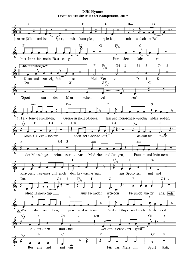 Notenblatt mit dem Text und der Melodie des DJK-Hymne von Michael Kampmann aus dem Jahr 2019.
