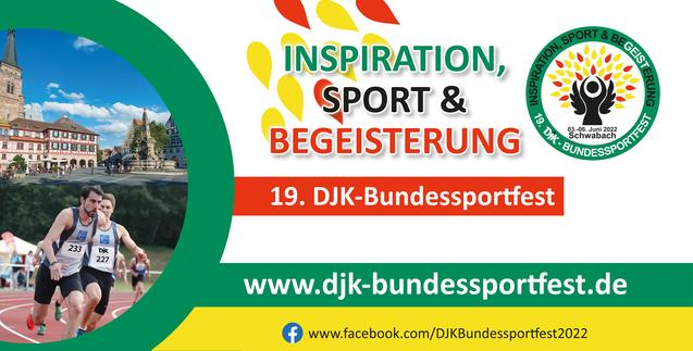 Banner für das 19. DJK-Bundessportfest mit Sportmotiven und den Texten "Inspiration, Sport & Begeisterung".