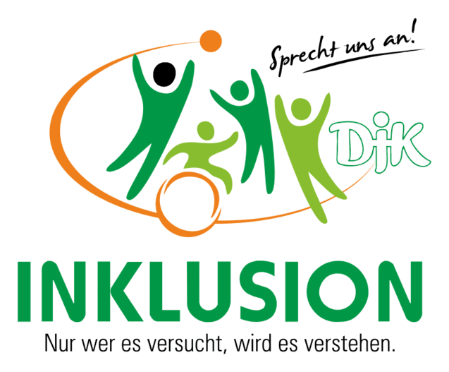 Logo der DJK, das inklusive Sportler und den Slogan &bdquo;Nur wer es versucht, wird es verstehen&ldquo; zeigt.