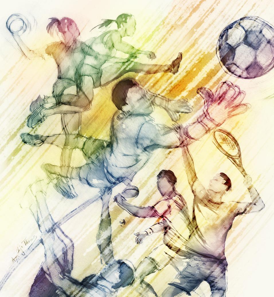 Illustration von verschiedenen Sportarten mit Spielern, die Fu&szlig;ball, Tennis und Volleyball im Sprung aus&uuml;ben.