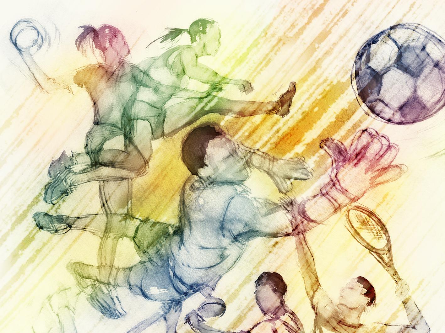 Illustration von verschiedenen Sportarten mit Spielern, die Fu&szlig;ball, Tennis und Volleyball im Sprung aus&uuml;ben.