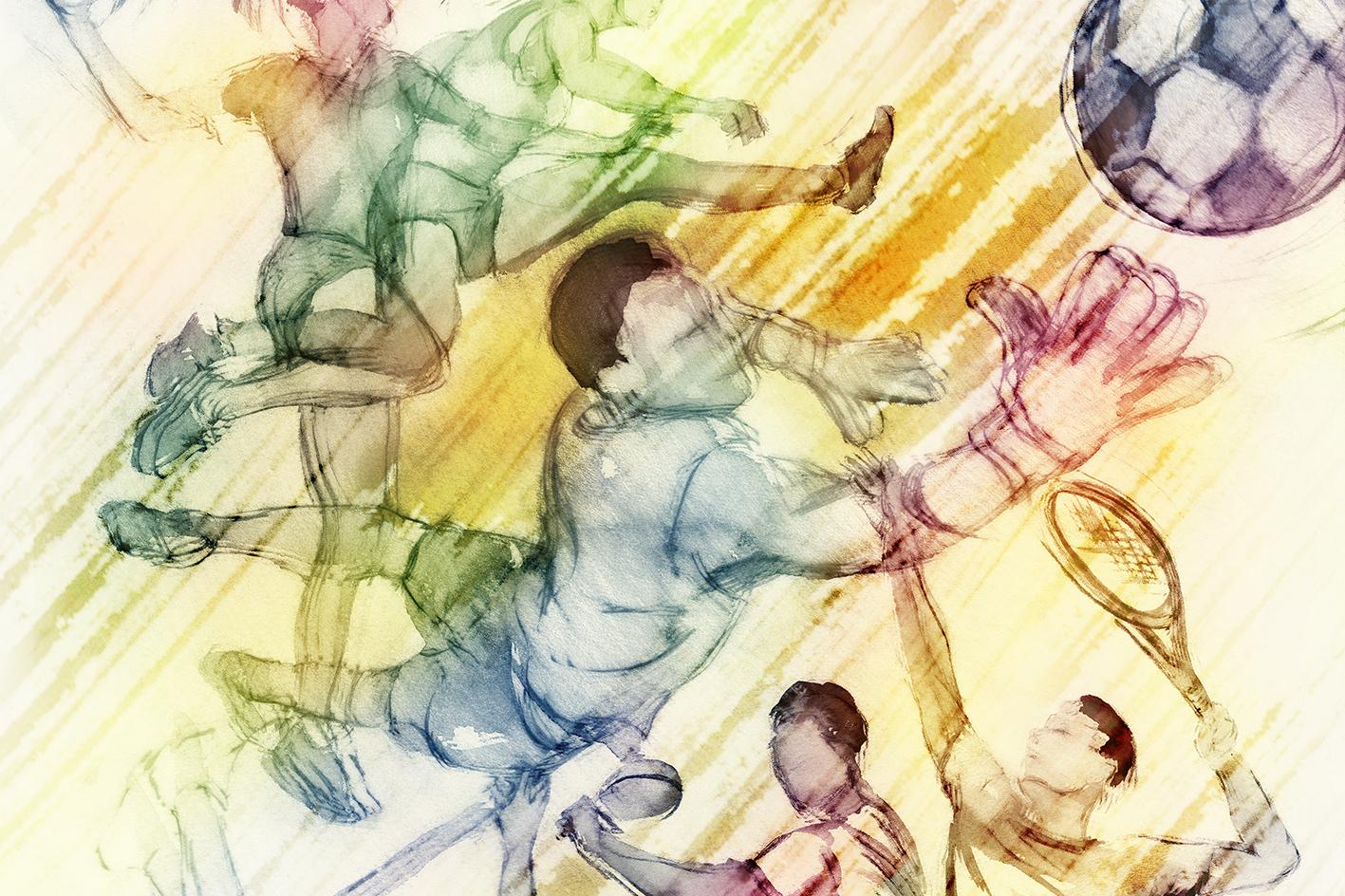 Illustration von verschiedenen Sportarten mit Spielern, die Fu&szlig;ball, Tennis und Volleyball im Sprung aus&uuml;ben.
