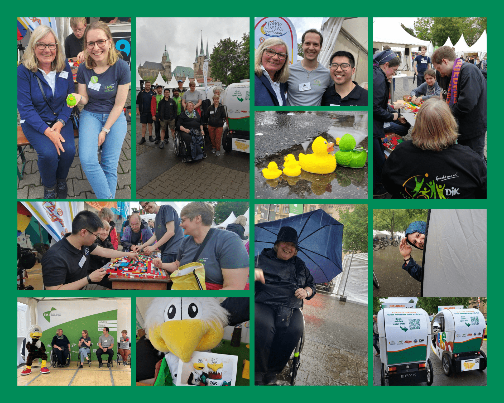 Collage von Menschen bei einer Veranstaltung, darunter Spiele, Gespr&auml;che und Aktivit&auml;ten unter Regenschutz.