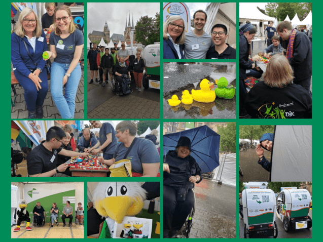 Collage von Menschen bei einer Veranstaltung, darunter Spiele, Gespr&auml;che und Aktivit&auml;ten unter Regenschutz.